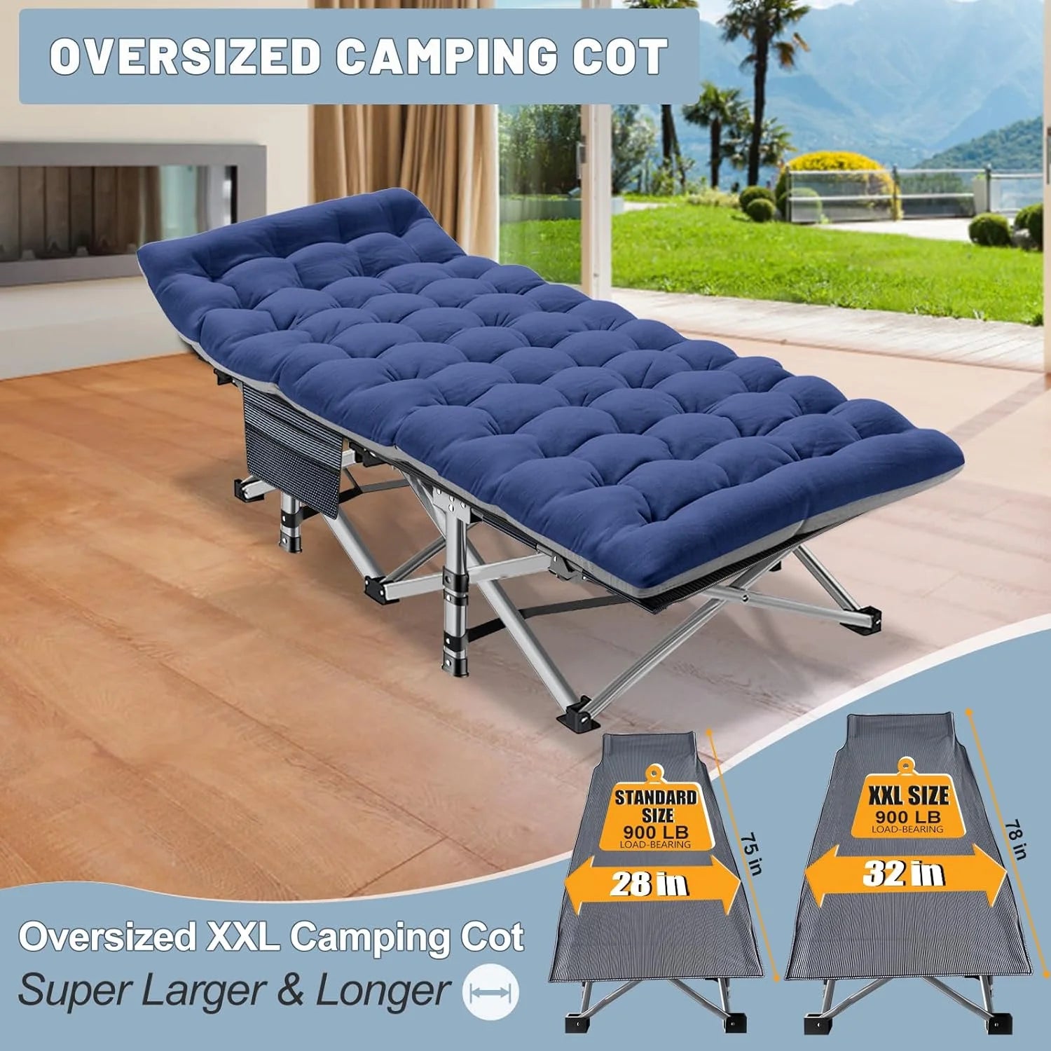ABORON 2 Packs Oversized XL Folding Sleeping Cots for Adults, 900lb Loading Double-Layer 1200D, Heavy Duty Guest Bed W/Mattress & Carrying Bag