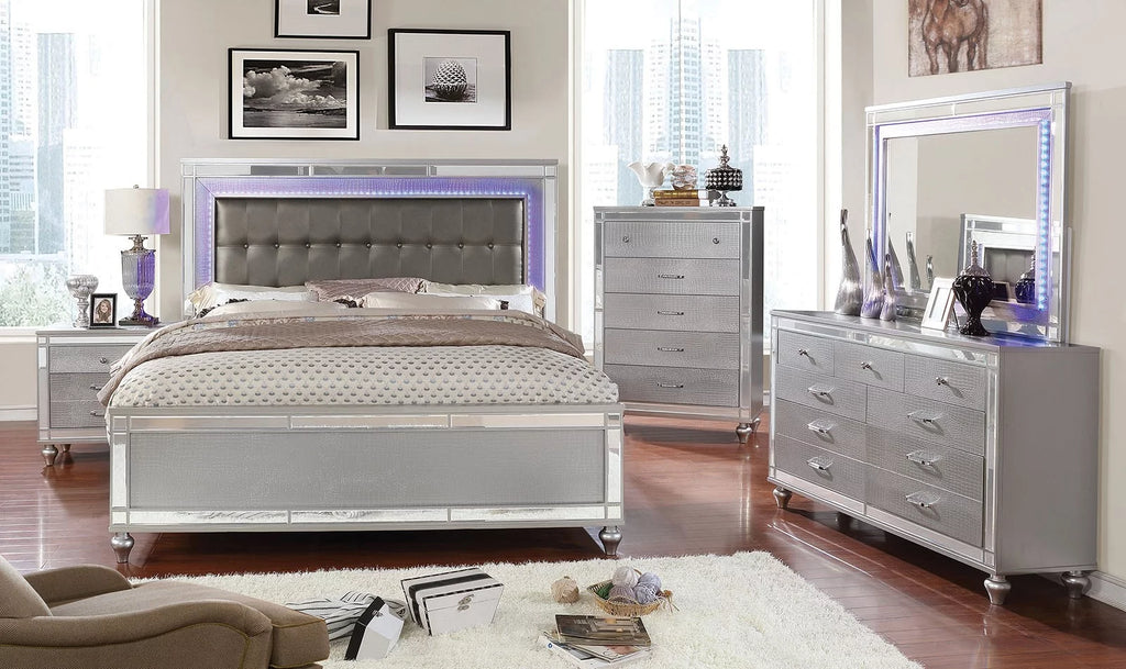 3pc Bedroom Furniture Silver Cal King Size Bed And 2x Nightstands LED Gray Leatherette Headboard Crocodile Texture Footboard