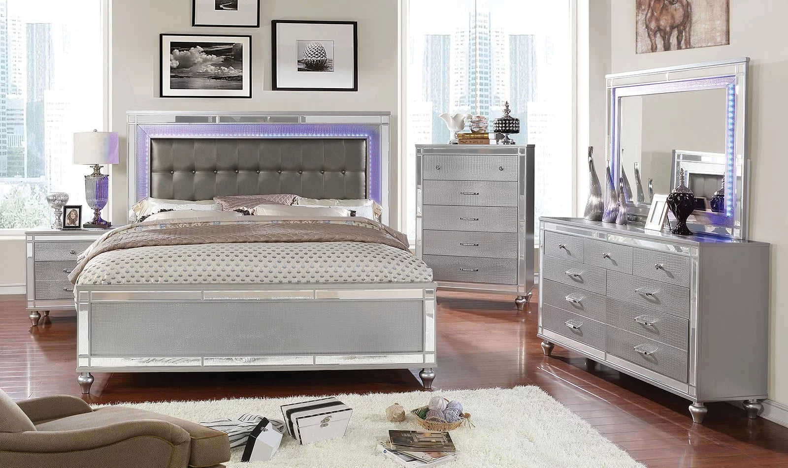 3pc Bedroom Furniture Silver Cal King Size Bed And 2x Nightstands LED Gray Leatherette Headboard Crocodile Texture Footboard