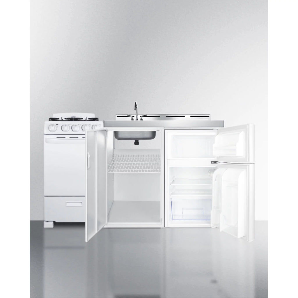 All-in-one combination kitchenette with refrigerator-freezer, sink, storage cabinet, and gas range
