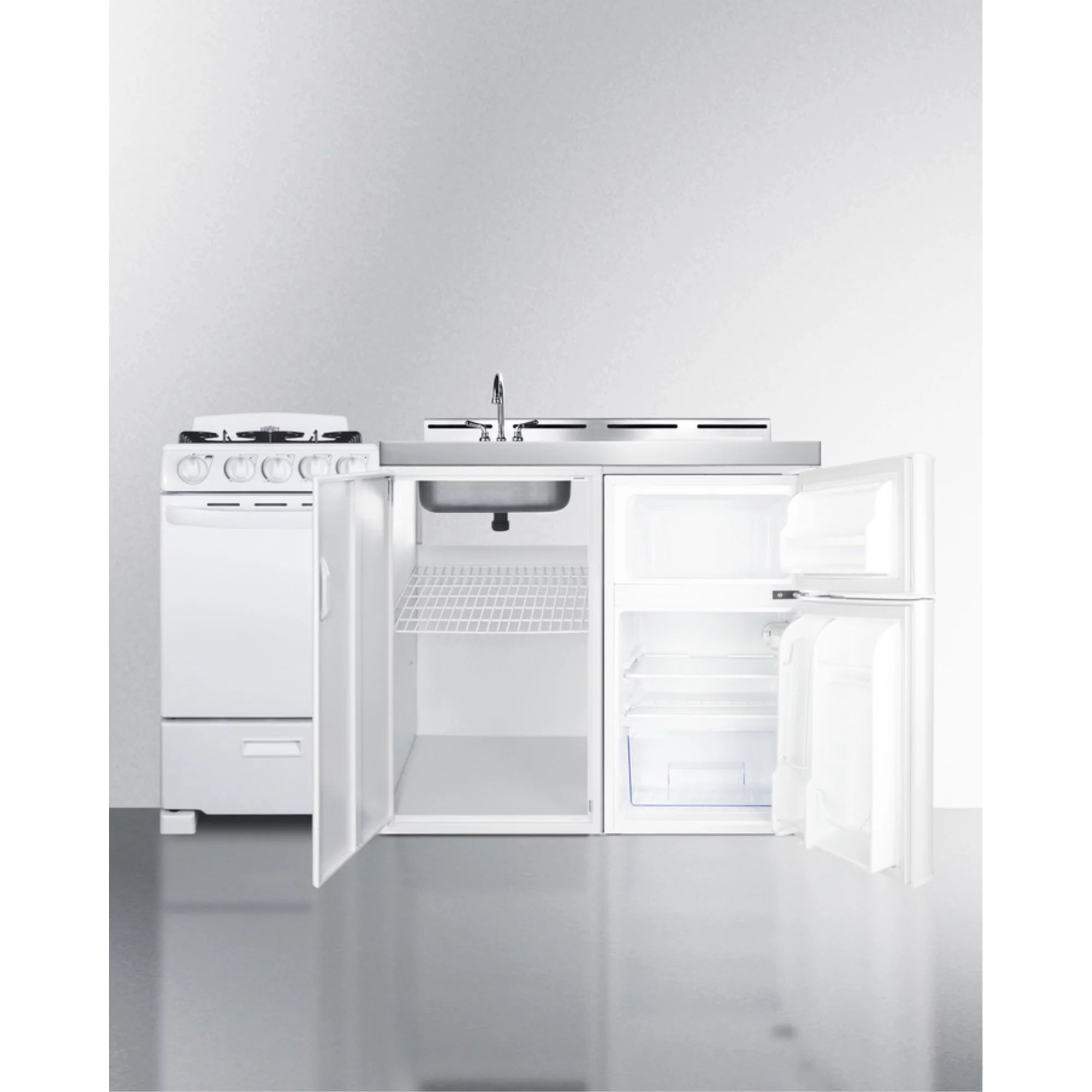 All-in-one combination kitchenette with refrigerator-freezer, sink, storage cabinet, and gas range