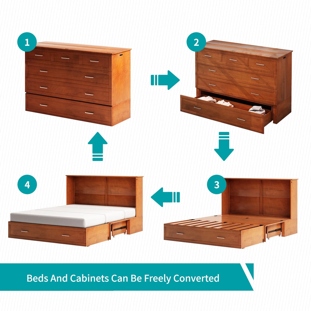 BALUS Murphy Bed Cabinet with Mattress,Modern Muti-Functional Cube Cabinet Bed with USB Charging Station&2 Large Drawers&3 Level Folding Foam Mattress for Living Room/Loft/Apartment,Queen (Cherry)