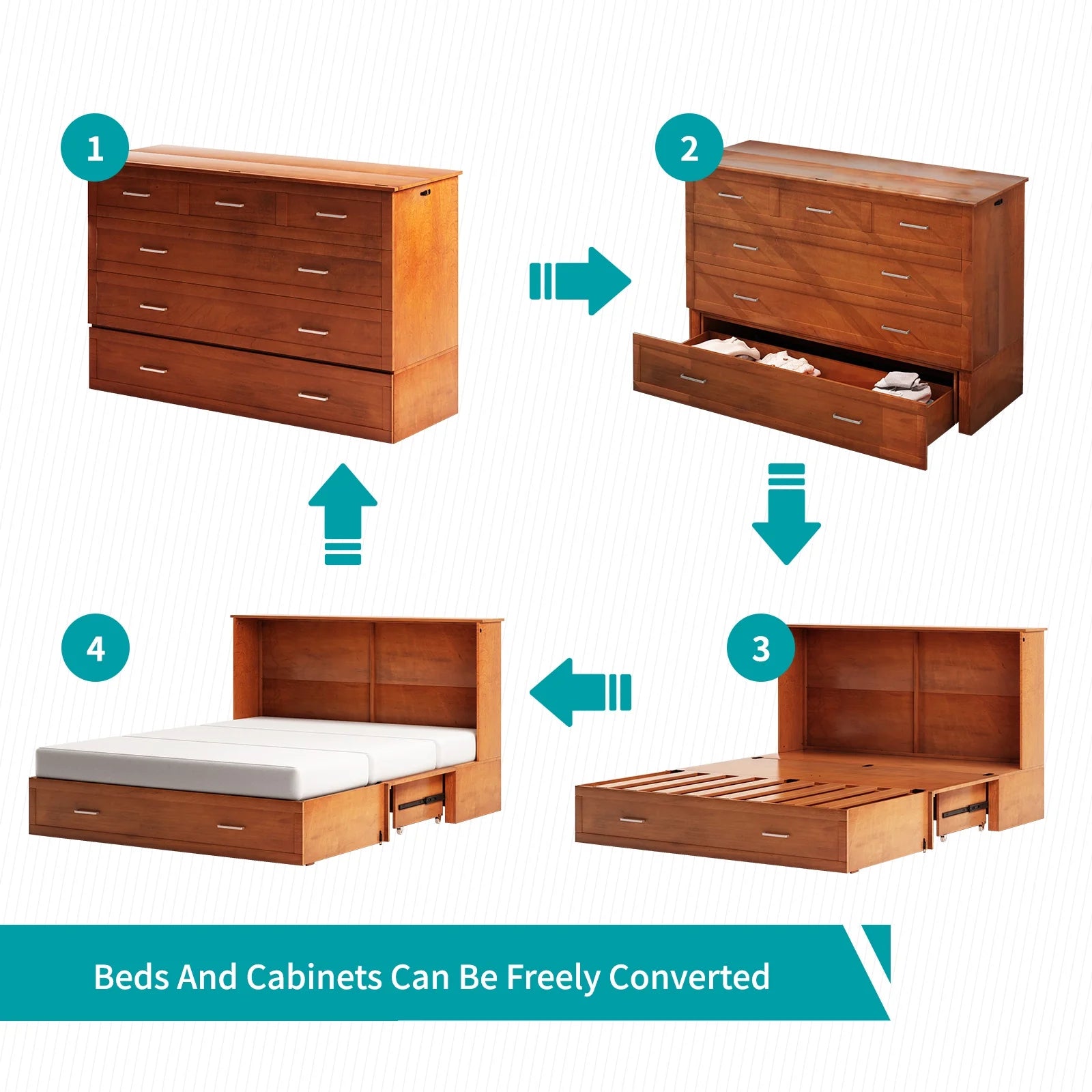 BALUS Murphy Bed Cabinet with Mattress,Modern Muti-Functional Cube Cabinet Bed with USB Charging Station&2 Large Drawers&3 Level Folding Foam Mattress for Living Room/Loft/Apartment,Queen (Cherry)