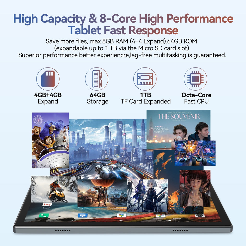 Android 13 Tablet 10.1" Android Tablet, 4gb+64gb Storage Tablet with Keyboard, Google GMS Certified, Dual 13MP+5MP Camera, WiFi, Bluetooth, GPS, IPS Full HD Display