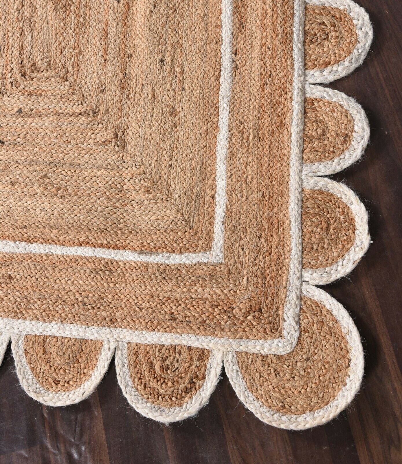 2 x 3 Feet ( 60 cm x 90 cm ) Natural Jute with White Scalloped Area Rugs , Home Decor Rugs