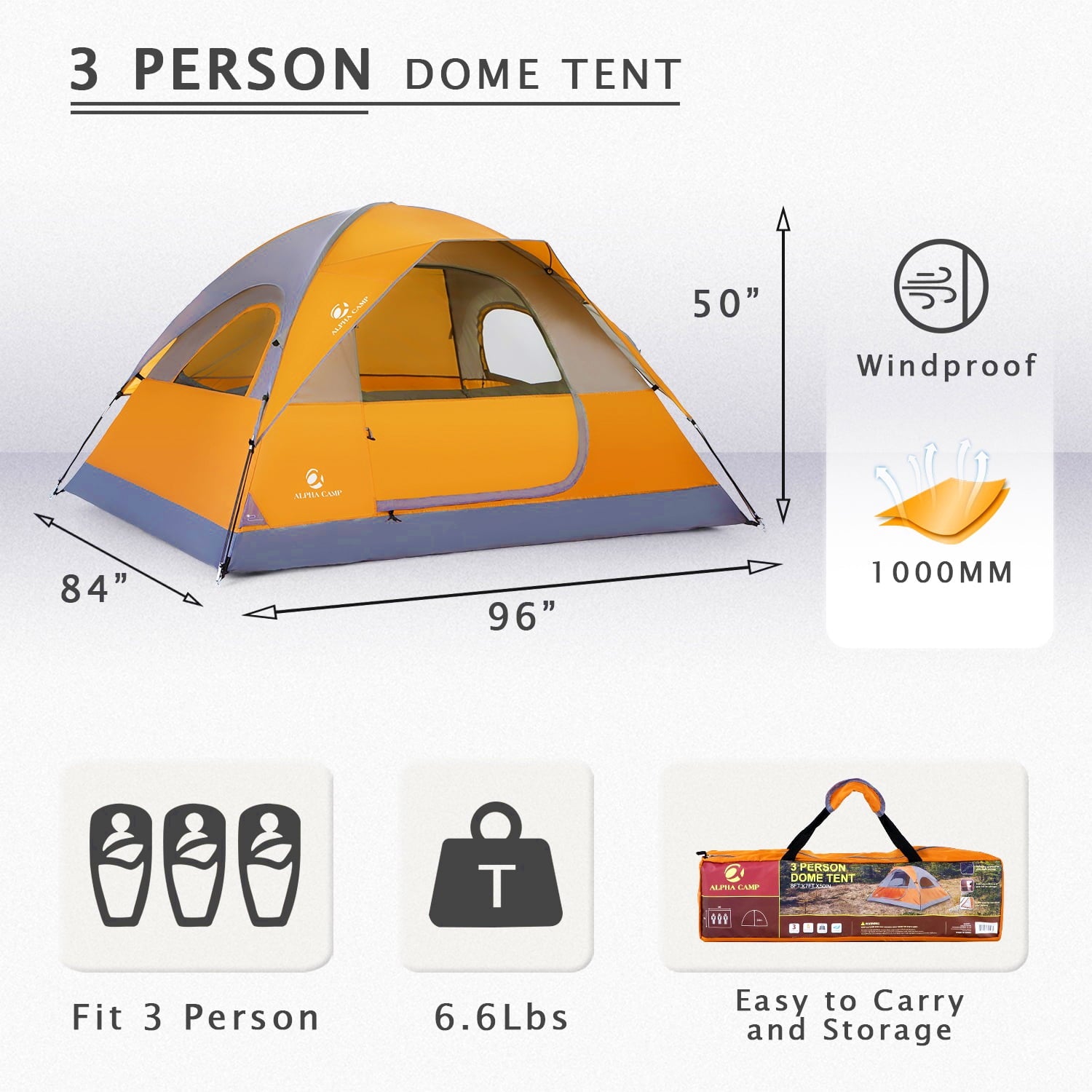 Alpha Camper 2-Person Camping Dome Tent Waterproof Portable Tent with Carry Bag, Blue
