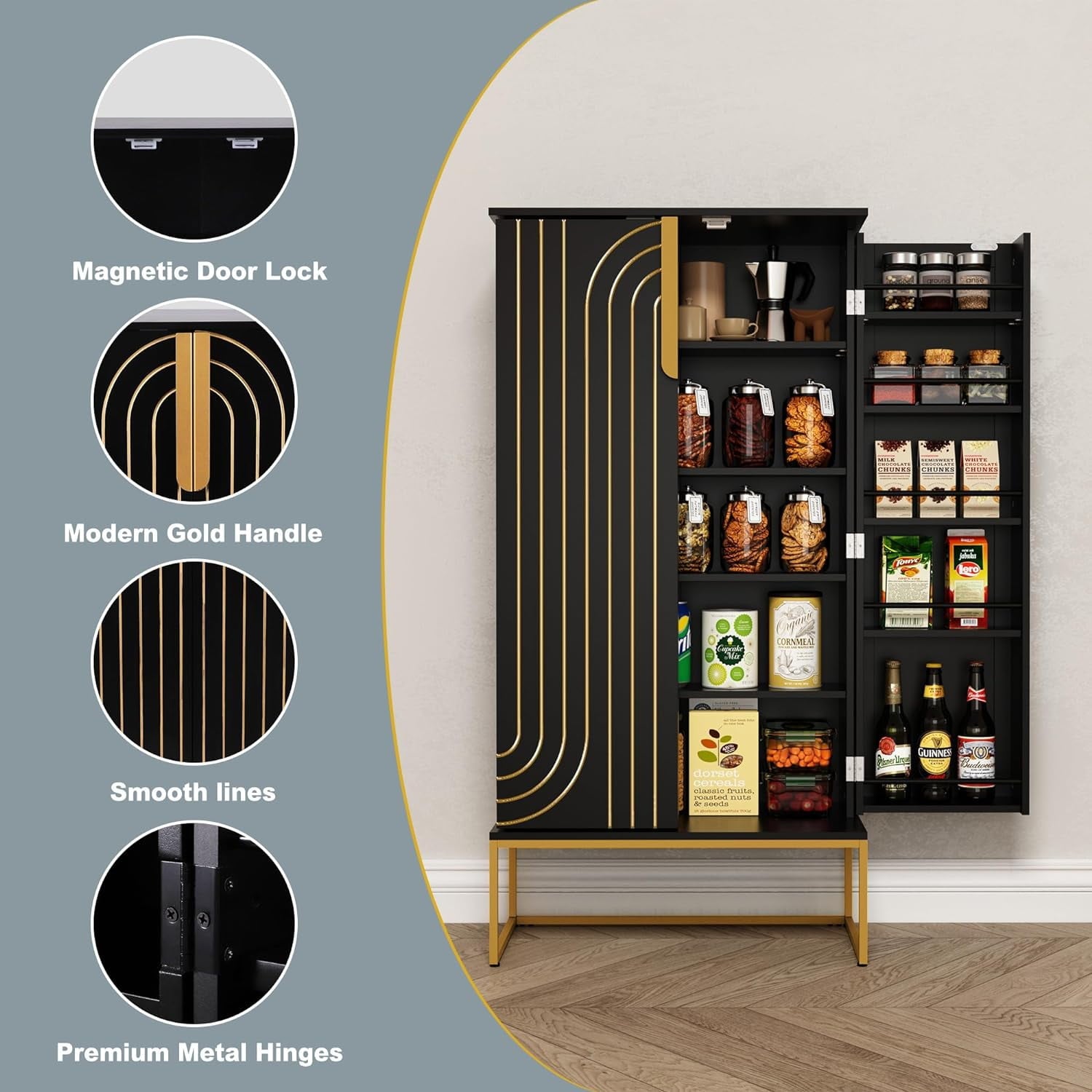 46.5'' Accent Wood Kitchen Pantry with Doors, Storage Cabinet with Adjustable Shelves, Food Pantry Cabinet for Kitchen, Dining Room, Living Room and Garage, Metal Legs,Black