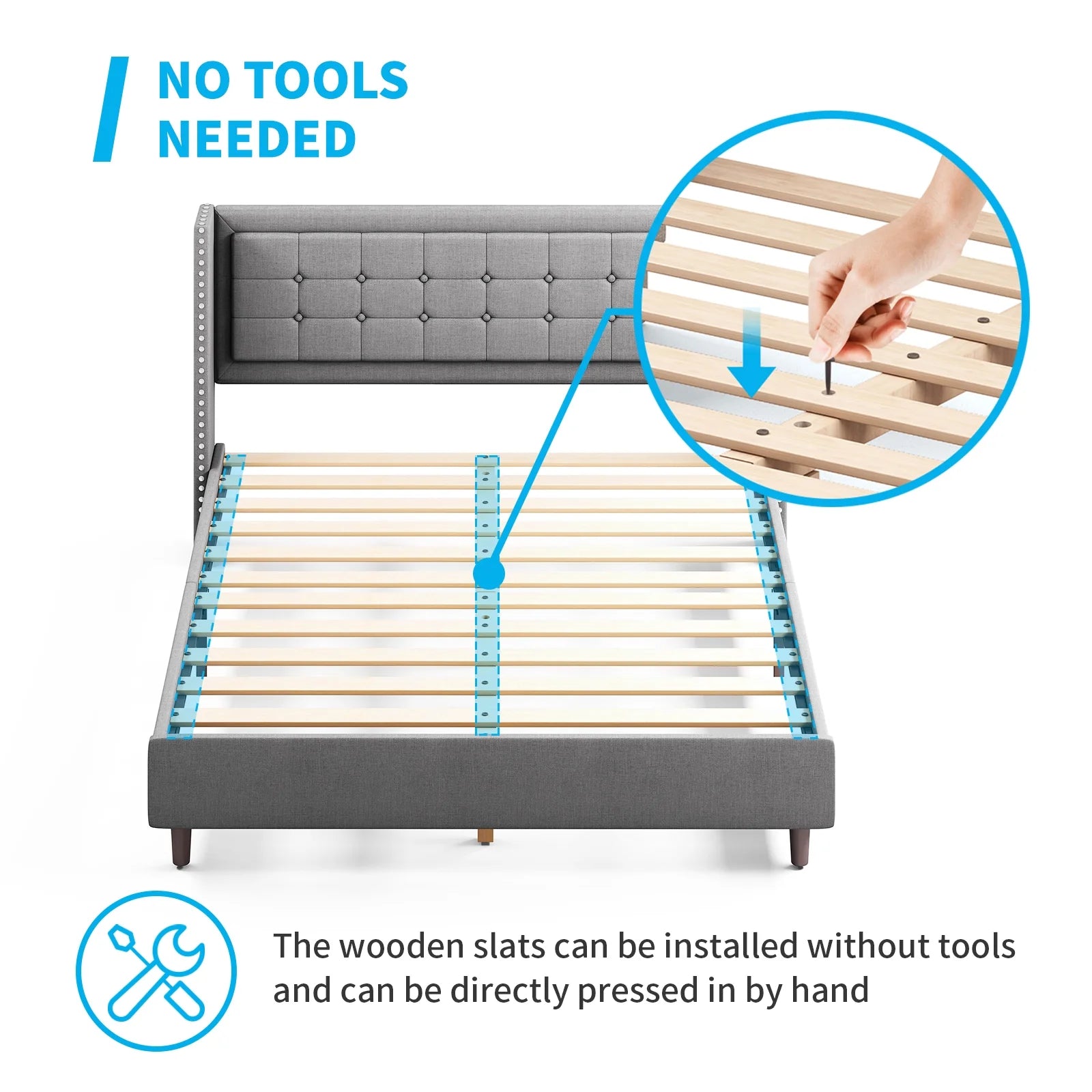 BALUS Full Bed Frame with Upholstered Headboard, Linen Fabrics, Metal Frame and Wood Slats Support, Madison Bed with Classic Modern Design, Easy Assembly, No Box Spring, Dark Gray