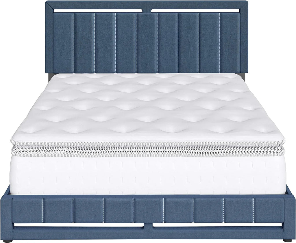 Beaumont Upholstered Platform Bed With Headboard, Mattress Foundation With Strong 14 Wood Slat Supports, No Box Spring Required, Blue Linen, Size King