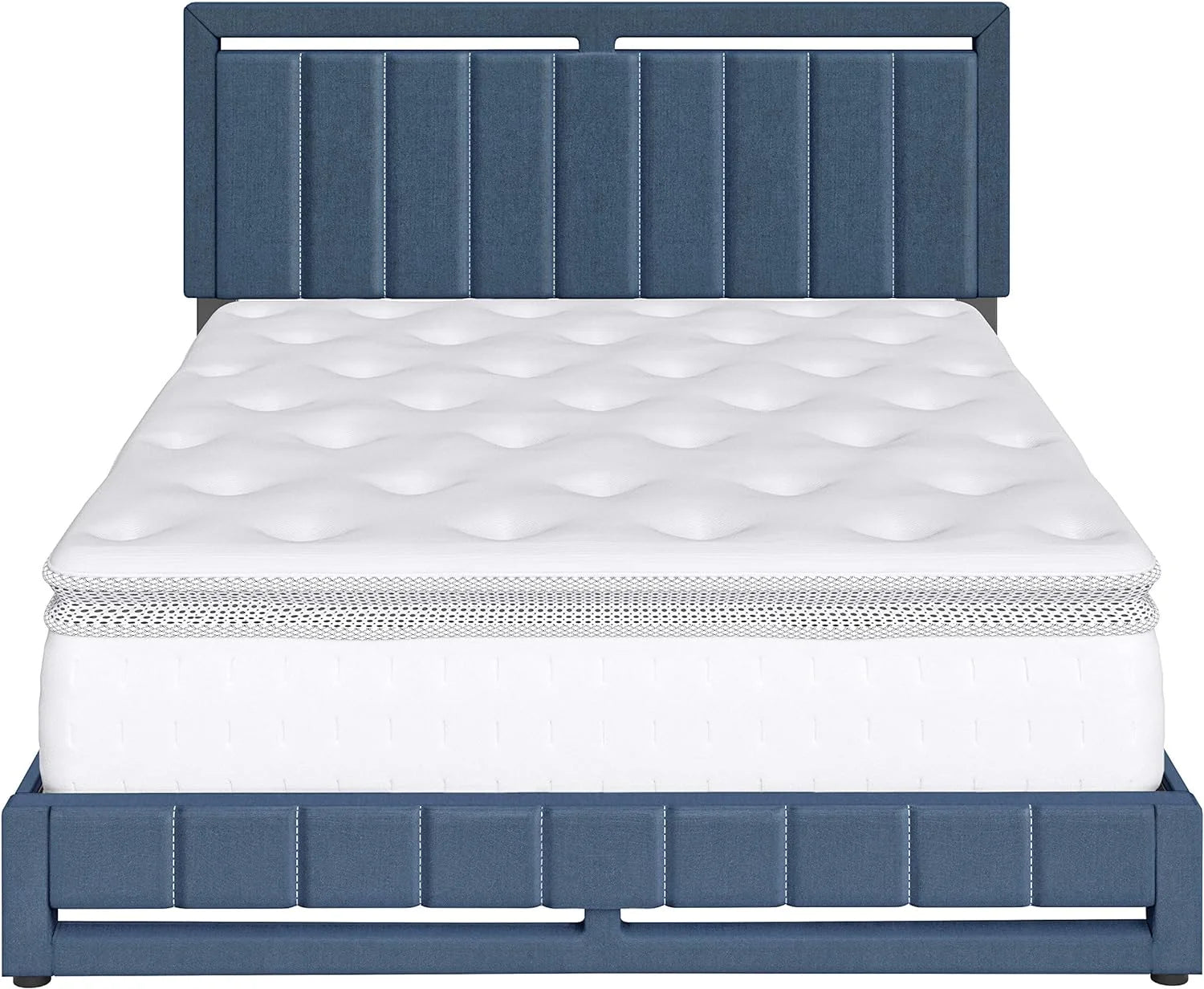 Beaumont Upholstered Platform Bed With Headboard, Mattress Foundation With Strong 14 Wood Slat Supports, No Box Spring Required, Blue Linen, Size King