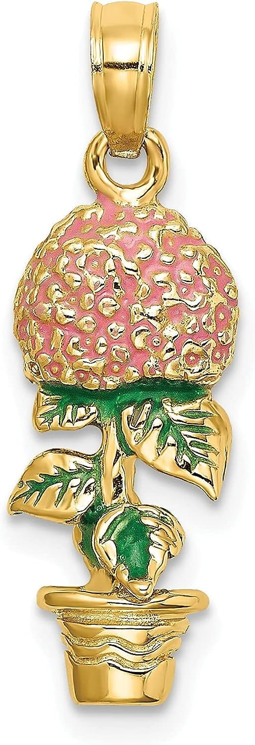 14K Yellow Gold 3-D Enameled Pink Hydrangea Flowers In Pot Charm - 24.3mm