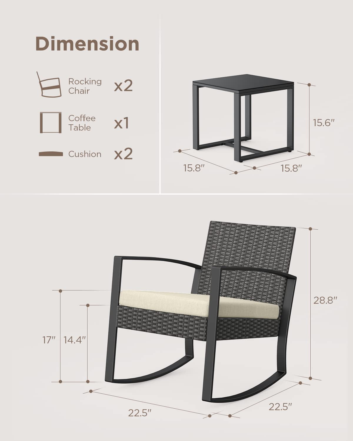 3 Piece Patio Bistro Set, Outdoor Furniture Rocking Chair Set with Glass Table, Beige Cushion