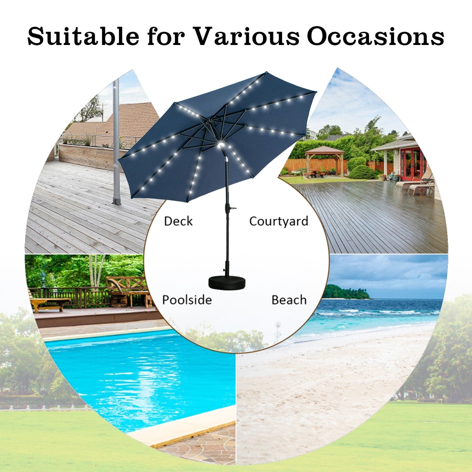 Autlaycil 10 ft Solar Patio Umbrellas with 40 LED lights for Market Outdoor Pool, Steel Tilt Crank, Navy Blue