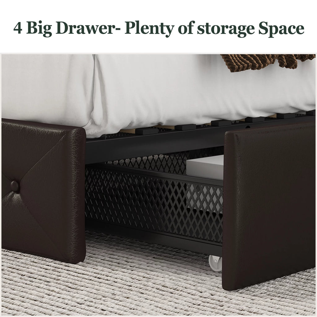 Amolife King Size Faux Leather Platform Bed Frame with 4 Storage Drawers, Button Tufted Style, Black Brown