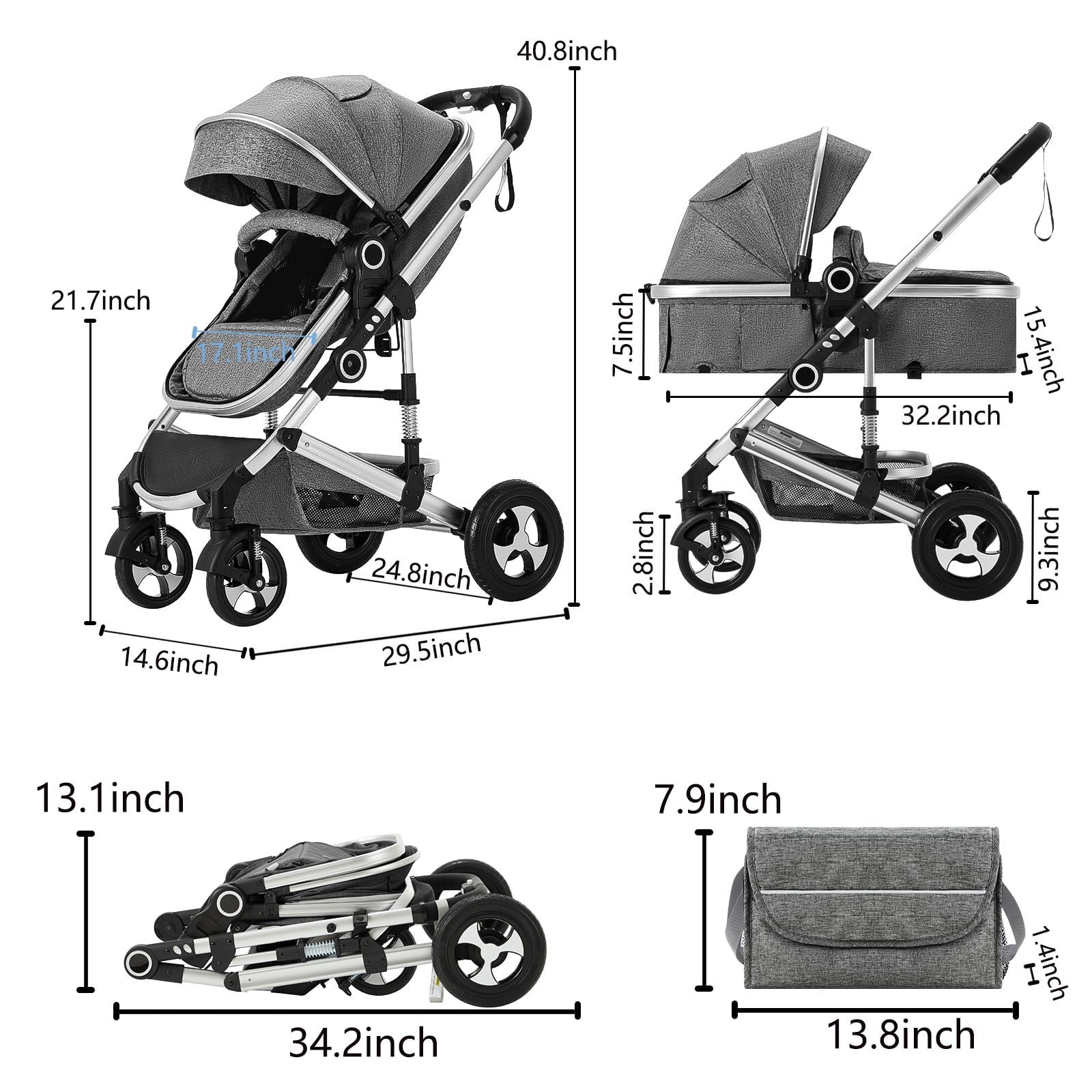 AILEEKISS 2 in 1 Convertible Baby Stroller, Unisex Folding Infant Newborn Bassinet Pram, Dark Grey
