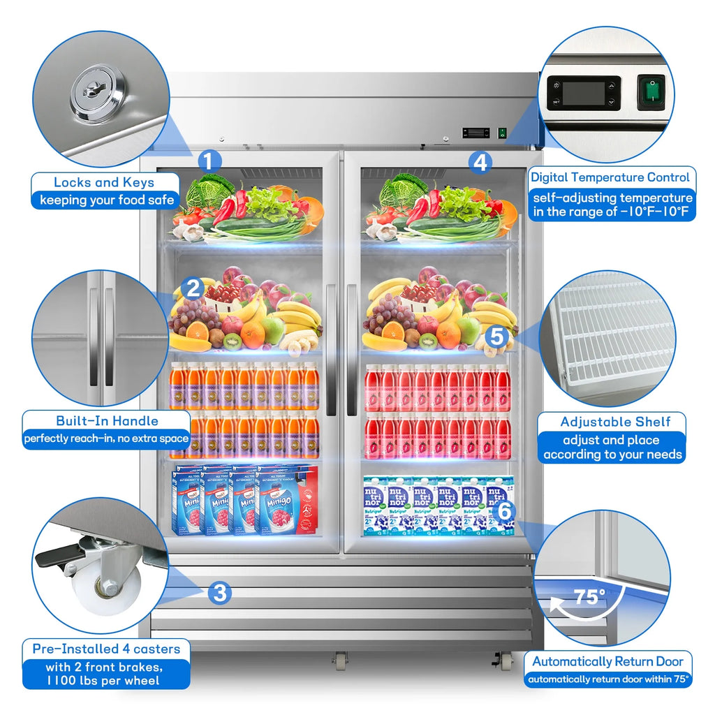 54"W 49 Cu.ft Commercial Refrigerator, NSF Stainless Steel Upright Reach-in, Solid Locked Door Dynamic Cooling with Lighting Temperature 33°F-41°F for Restaurant Bar Shop Residential