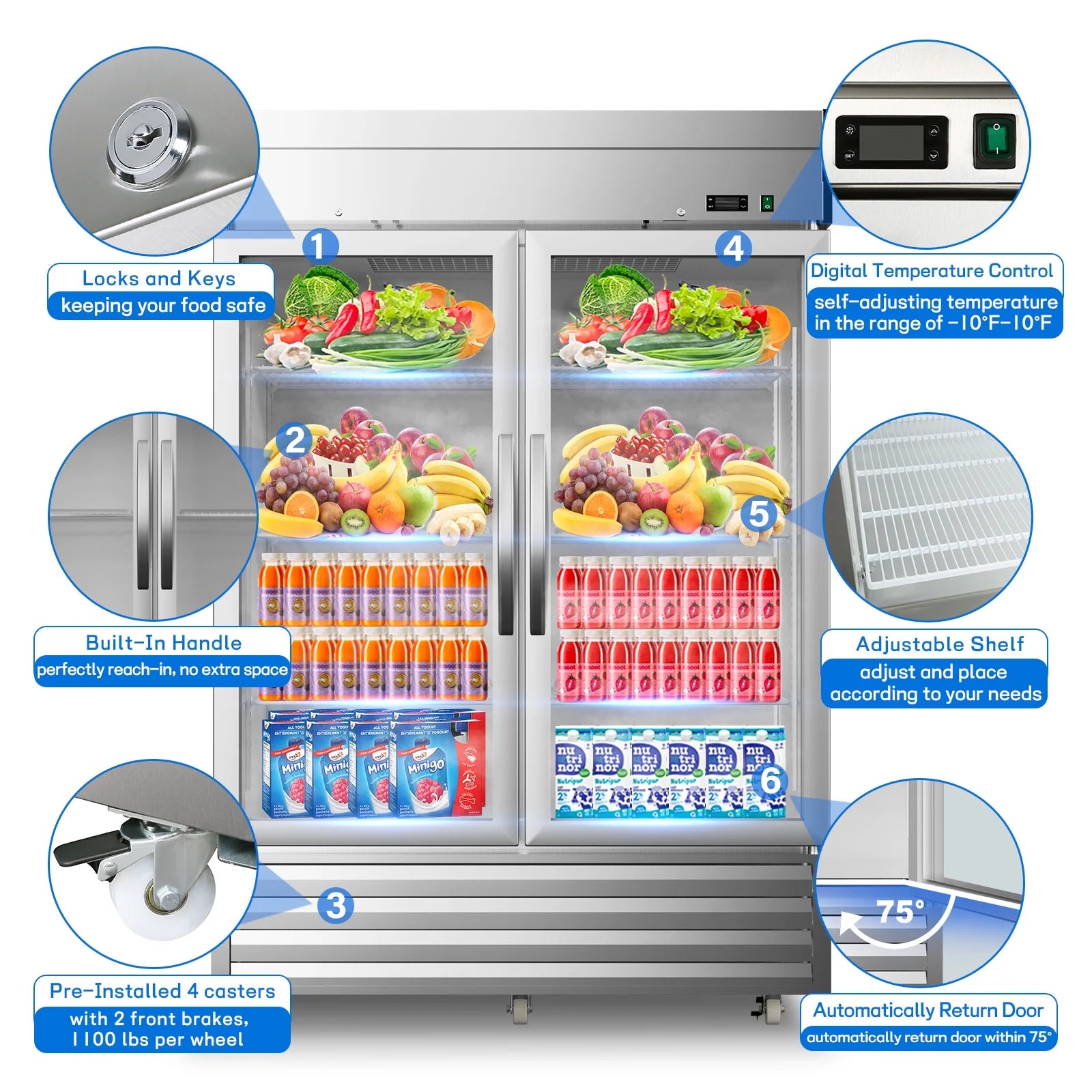 54"W 49 Cu.ft Commercial Refrigerator, NSF Stainless Steel Upright Reach-in, Solid Locked Door Dynamic Cooling with Lighting Temperature 33°F-41°F for Restaurant Bar Shop Residential