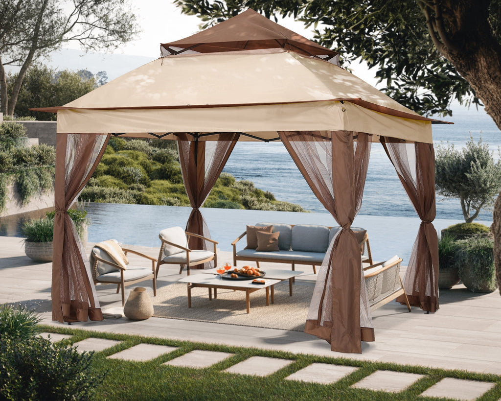 ABCCANOPY 13'x13' Gazebo Tent Outdoor Pop up Gazebo Canopy Shelter with Mosquito Netting, Brown