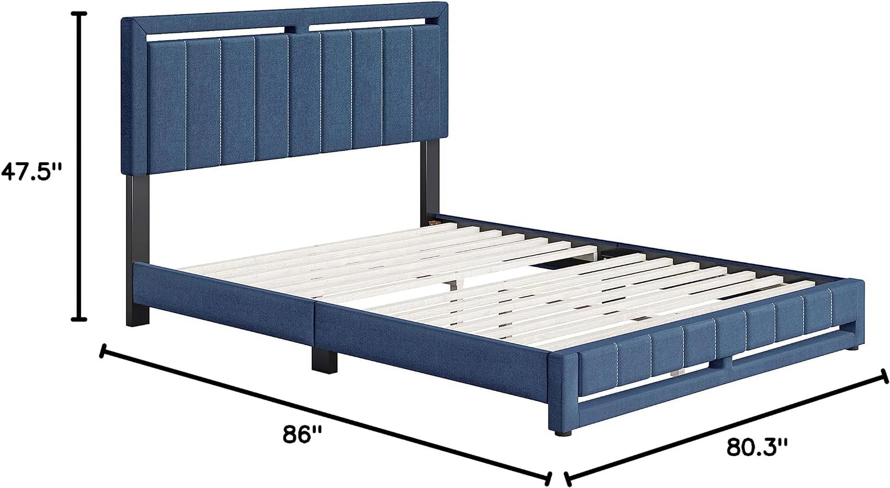 Beaumont Upholstered Platform Bed With Headboard, Mattress Foundation With Strong 14 Wood Slat Supports, No Box Spring Required, Blue Linen, Size King