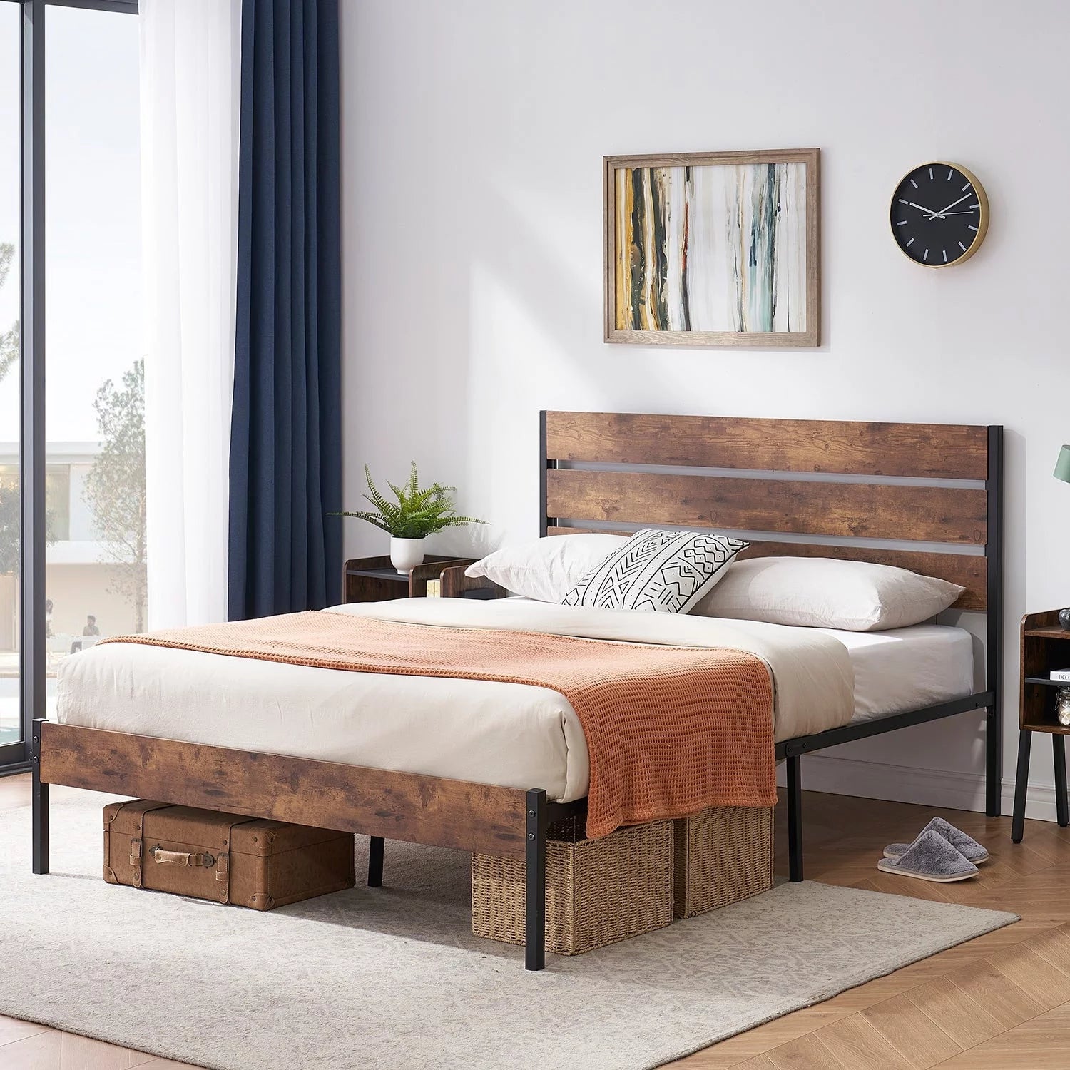 3-Pieces Bedroom Set with Rustic Brown Platform Bed Frame and Nightstands Set of 2 Brown Nightstands Twin