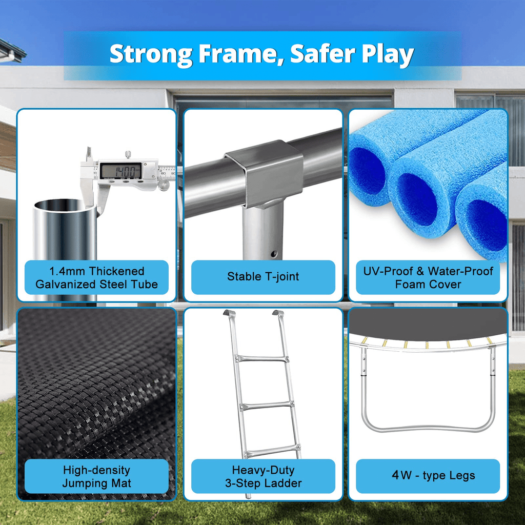 16FT Trampoline for 8-9 Kids Adults with Basketball Hoop, Ladder, Light, Sprinkler, Socks, Outdoor Heavy Duty Recreational Trampoline