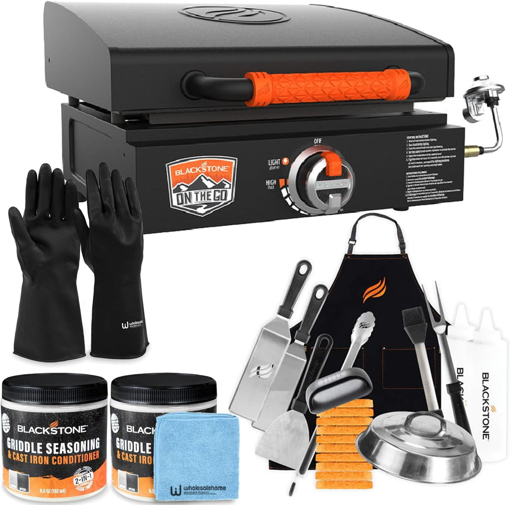 17 inch Blackstone Griddle with Hood, Tabletop Outdoor Flat Top Grill Propane Portable Gas Grill for Camping and BBQ Grill with Blackstone Accessories, Seasoning, and Wholesalehome Gloves and Cloth