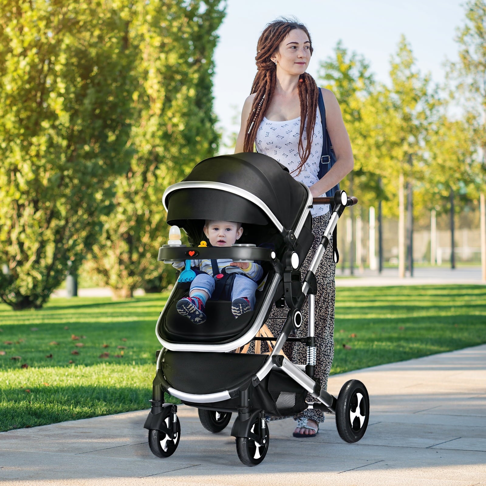 AILEEKISS 3 in 1 Baby Stroller, Convertible Newborn Bassinet Stroller Unisex Infant Carriage, Black