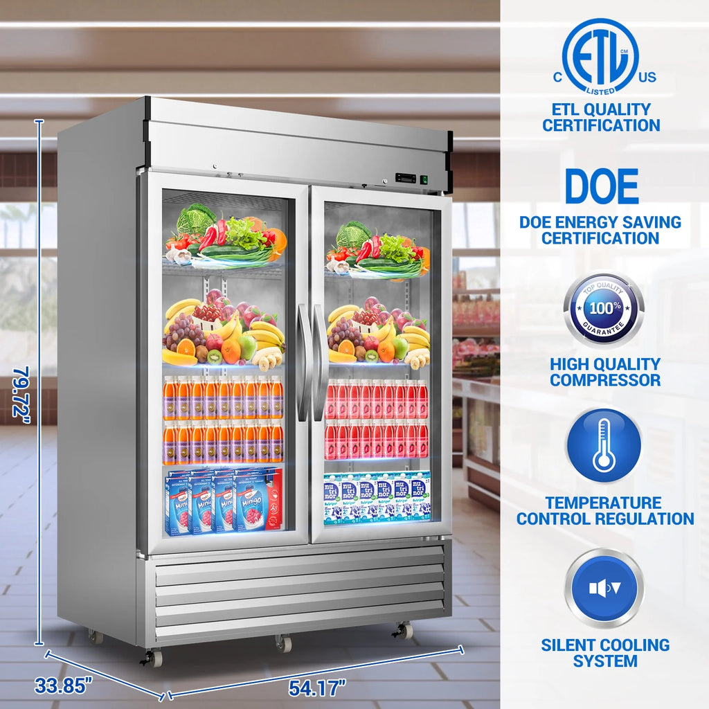 54"W 49 Cu.ft Commercial Refrigerator, NSF Stainless Steel Upright Reach-in, Solid Locked Door Dynamic Cooling with Lighting Temperature 33°F-41°F for Restaurant Bar Shop Residential