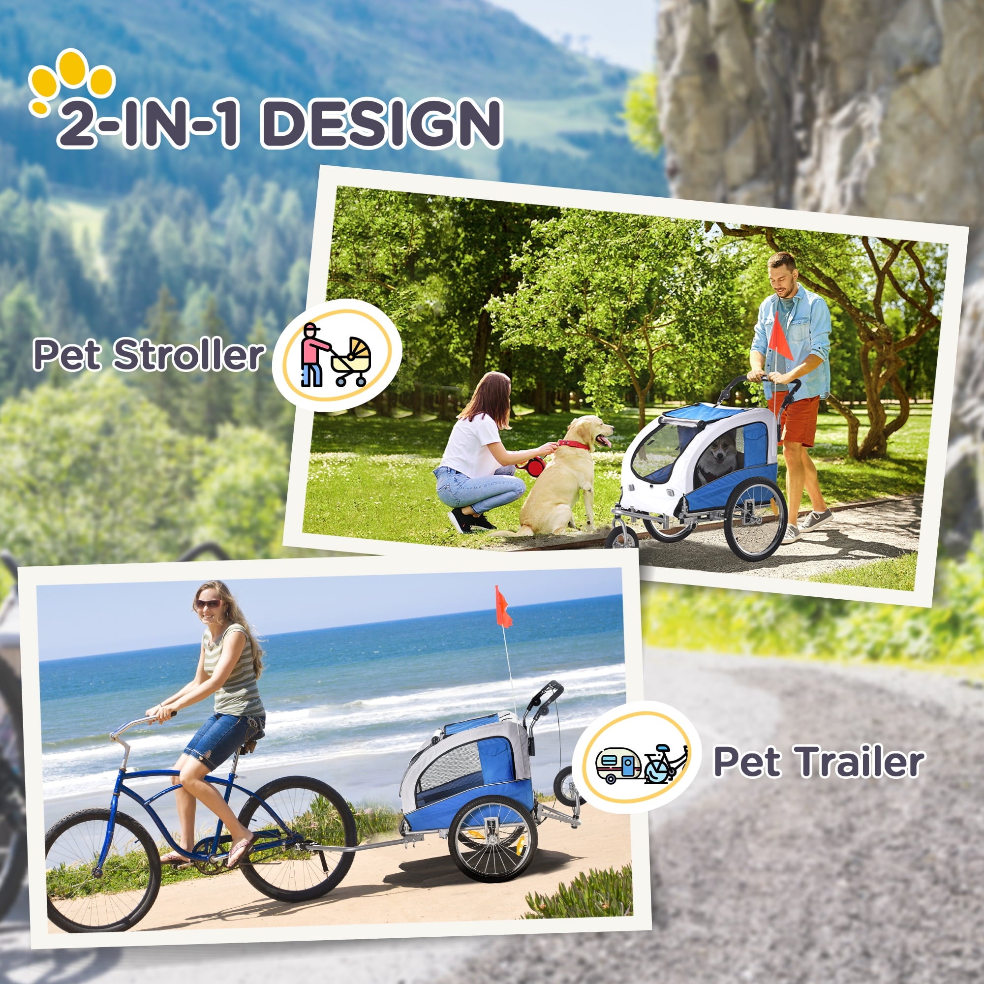 Aosom Dog Bike Trailer 2-In-1 Pet Stroller with Canopy and Storage Pockets, White