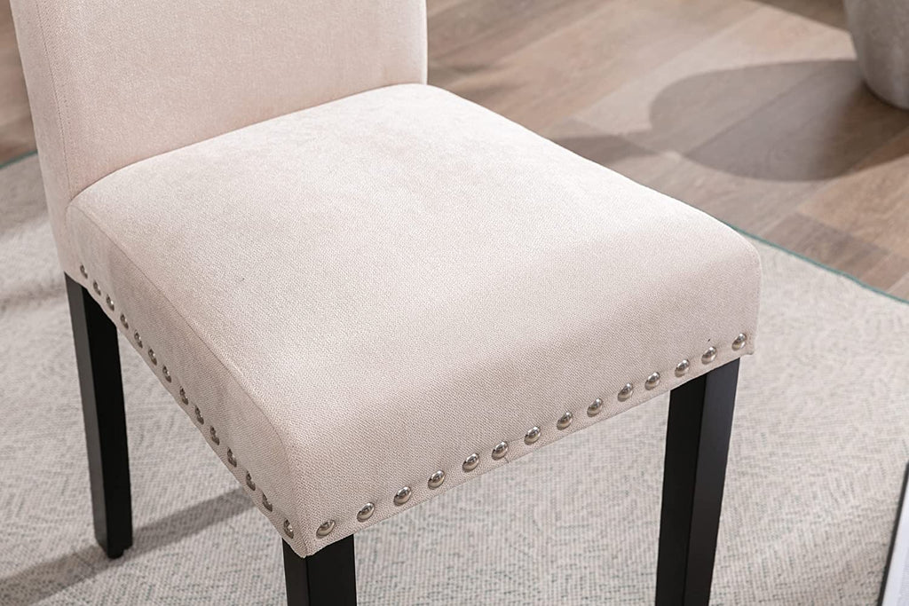 AOKHNBF Dining Chairs Upholstered Living Room Chairs Fabric Padded Parson Chair Kitchen Living Room Armless Side Chair with Silver Nails and Solid Wood Legs (Beige)