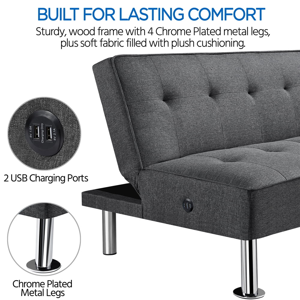 Alden Design Modern Fabric Convertible Futon with USB, Blue