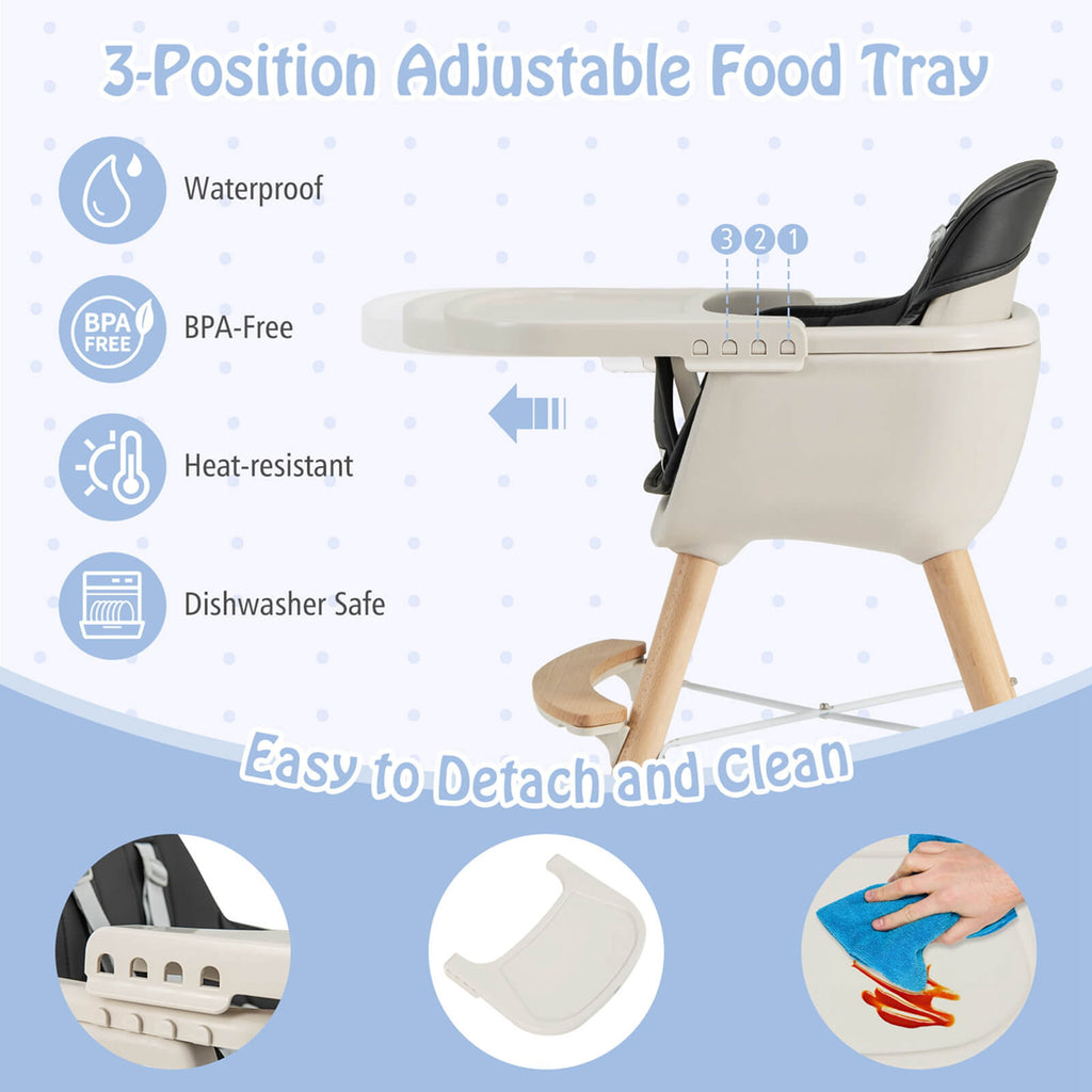 Babyjoy 3 in 1 Convertible Wooden High Chair Toddler Feeding Chair with Cushion Beige
