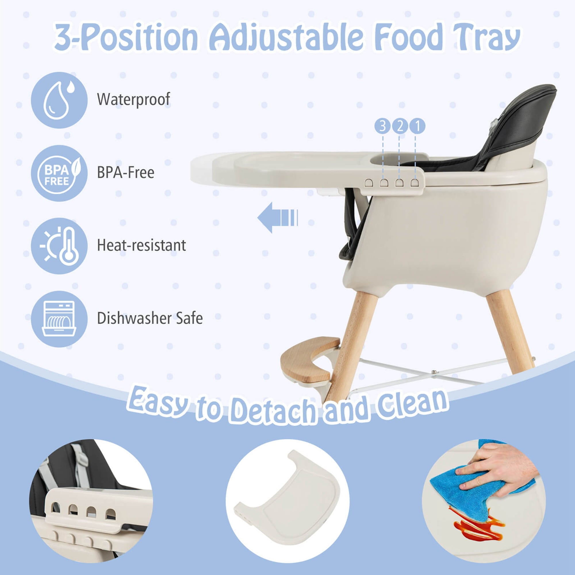 Babyjoy 3 in 1 Convertible Wooden High Chair Toddler Feeding Chair with Cushion Beige