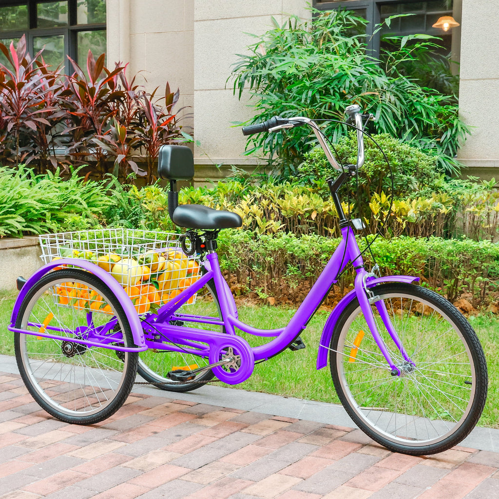 ARTUDATECH 7-Speed Adult Tricycle 24" Purple Three-Wheeled 3 Wheel Cruiser Bike with Seat and Rear Basket for Shopping,Commuting,Camping