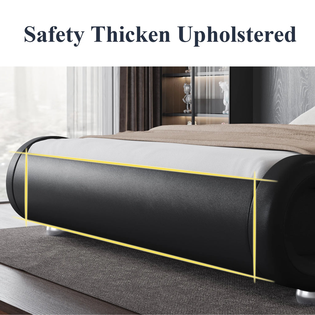 Allewie Queen Size Low Profile Modern Upholstered Platform Bed Frame with Ergonomic & Adjustable Headboard, Black