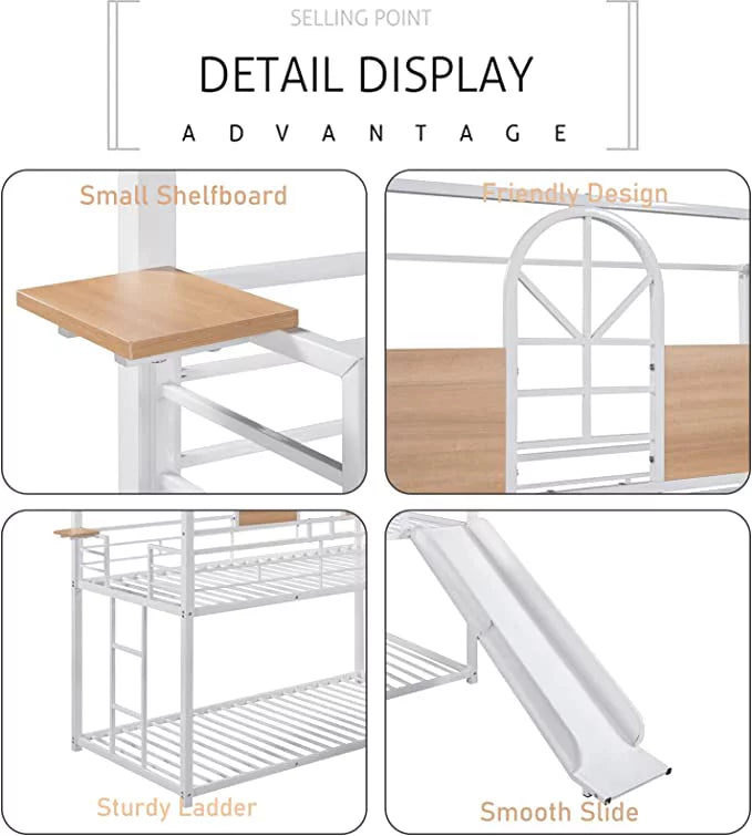 Bellemave Bunk Bed with Slide, Metal Twin Over Twin House Bunk Bed Frame with Ladder, Floor Kids Bunk Beds for Kids Boys Girls Teens (White)