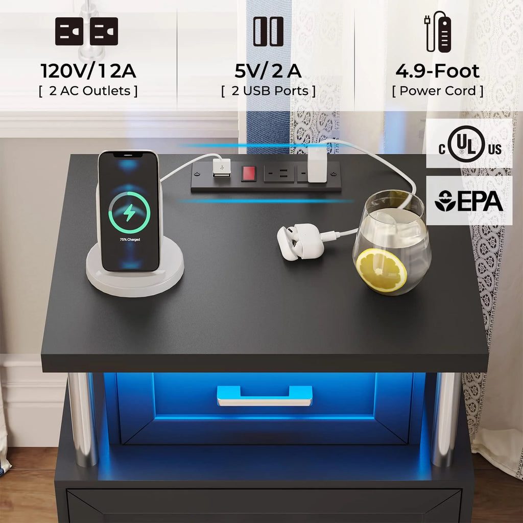 Afuhokles LED Nightstand with Charging Station, RGB Lights Night Stand for Bedroom, Bedside Table End Table with 3 Drawers, Black