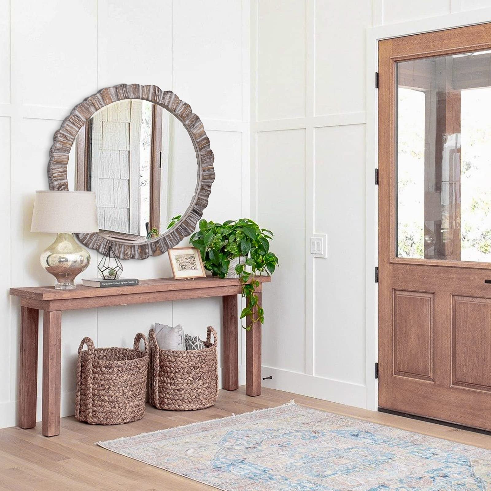 35" Wood Round Mirror, Rustic Wall Mirror with Thick Frame, Large Round Mirror for Wall Decor, Wooden Circle Beveled Mirror for Entryway, Farmhouse, Washed White