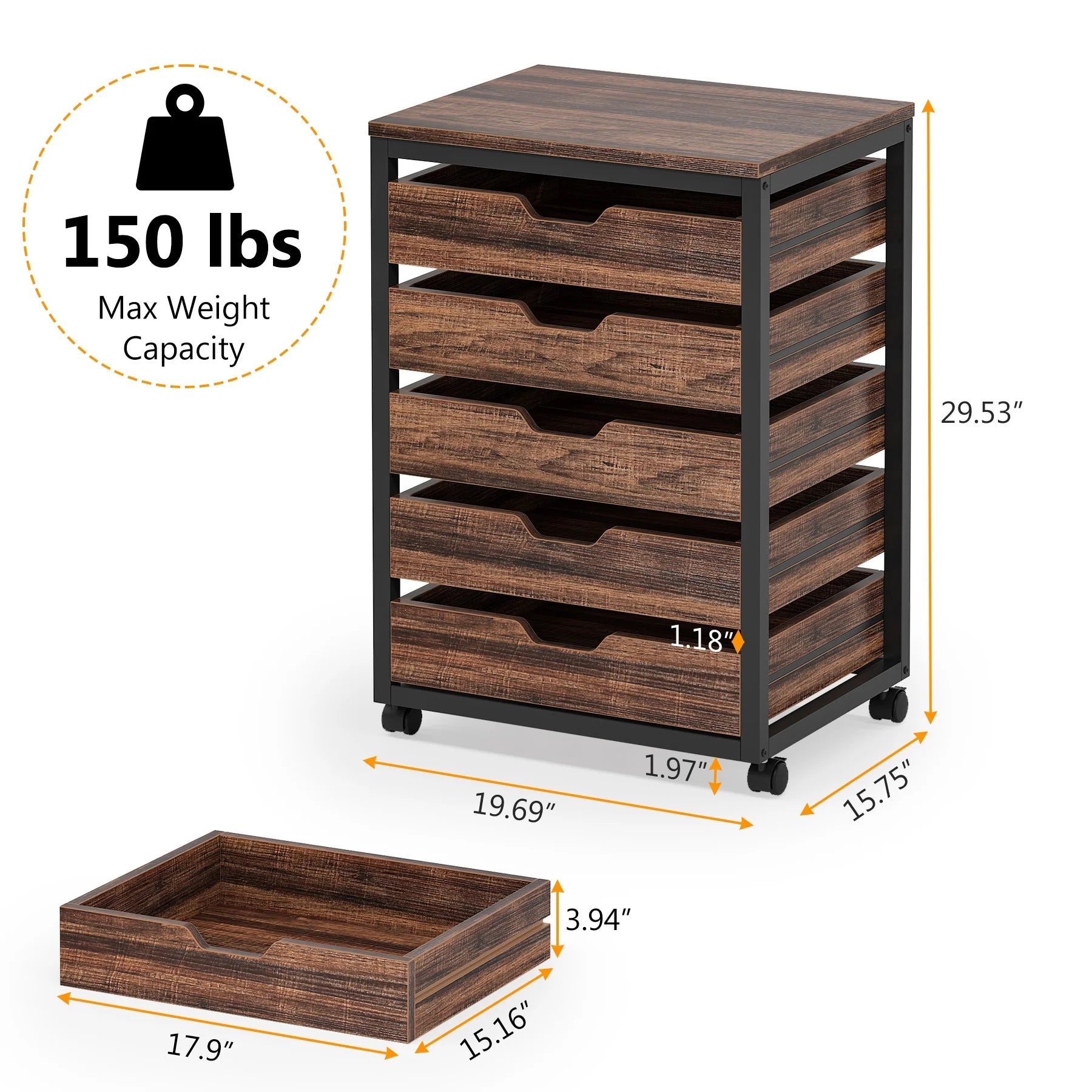 5 Drawer Chest Wood Storage Dresser Cabinet with Wheels Industrial Storage Drawer Organizer Cart