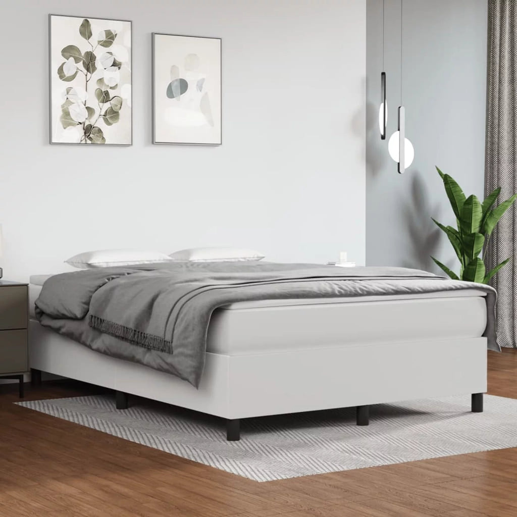 Anself Box Spring Queen Size Bed Frame with Mattress and Topper 81.1 x 59.8 x 13.8 Inch White Faux Leather Platform Bed Frame and 79.9 x 59.8 x 7.9 Inches Mattress Set for Bedroom