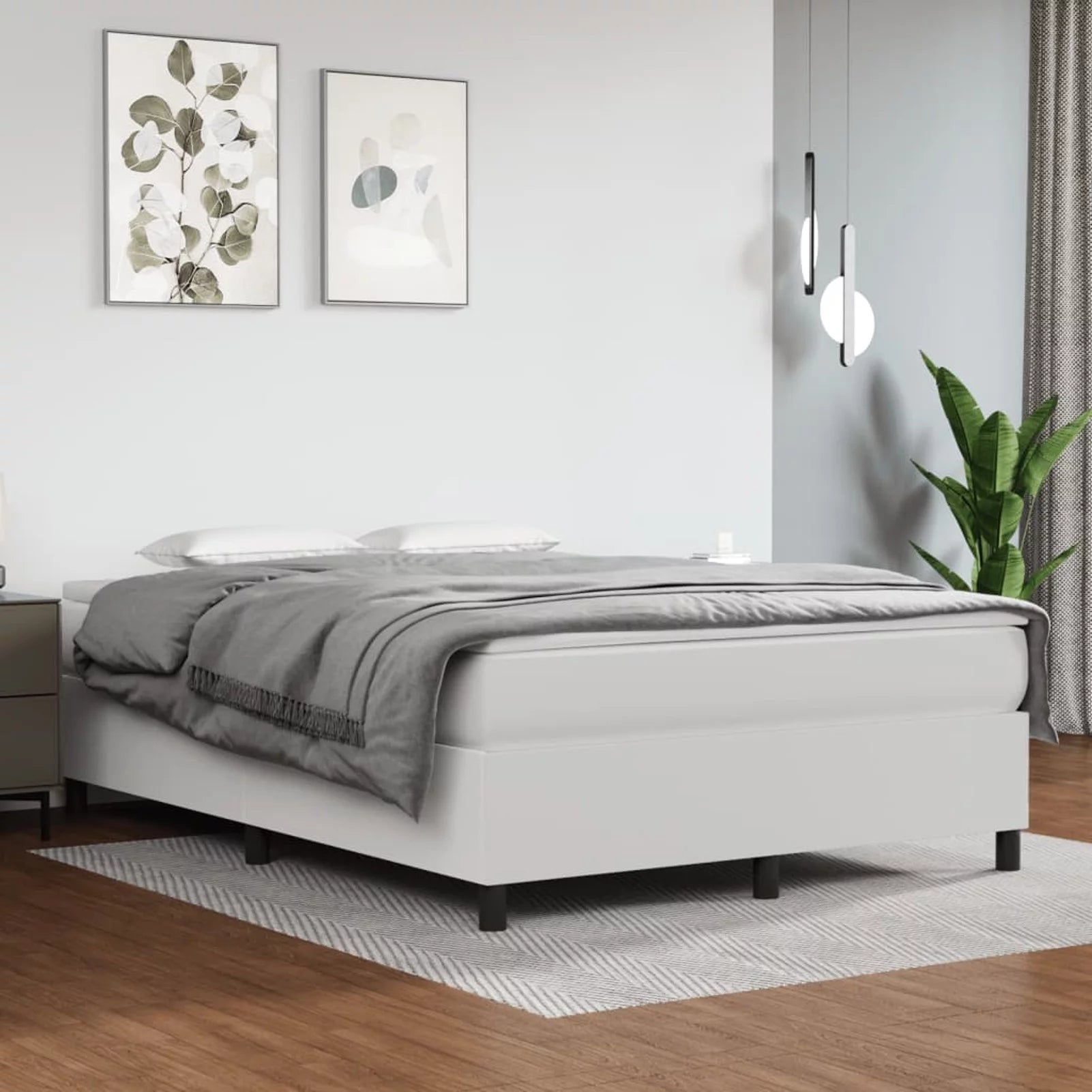 Anself Box Spring Queen Size Bed Frame with Mattress and Topper 81.1 x 59.8 x 13.8 Inch White Faux Leather Platform Bed Frame and 79.9 x 59.8 x 7.9 Inches Mattress Set for Bedroom