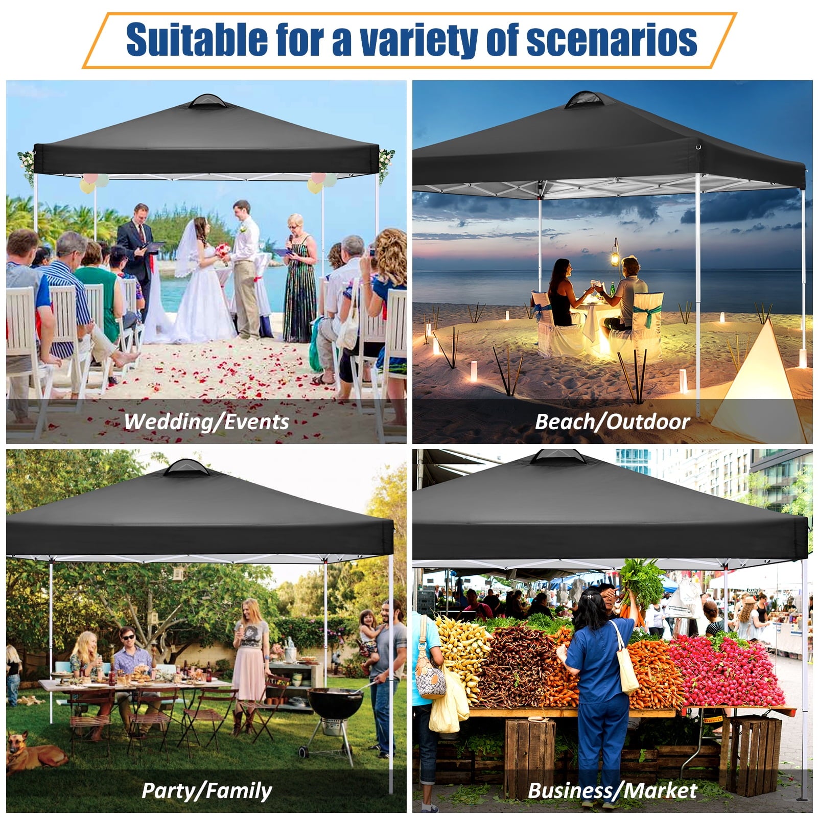 10'x10' EZ Pop Up Canopy with Top Vent, Large Commercial Tent, Waterproof and Sunproof with 4 Removable Sidewalls, Suitable for Weddings come with 4 Sandbags (Black)