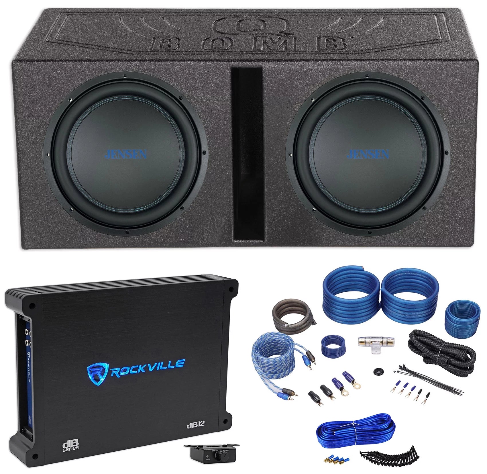 (2) JENSEN J12W 12" 1200w Car Subwoofers+Vented Sub Box+Mono Amplifier+Amp Kit