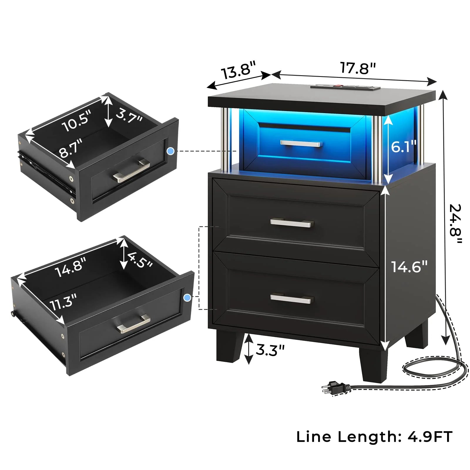 Afuhokles LED Nightstand with Charging Station, RGB Lights Night Stand for Bedroom, Bedside Table End Table with 3 Drawers, Black