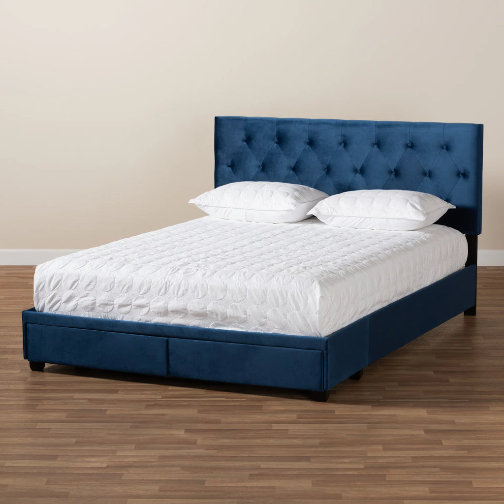 Baxton Studio Caronia Modern and Contemporary Navy Blue Velvet Fabric Upholstered 2-Drawer King Size Platform Storage Bed