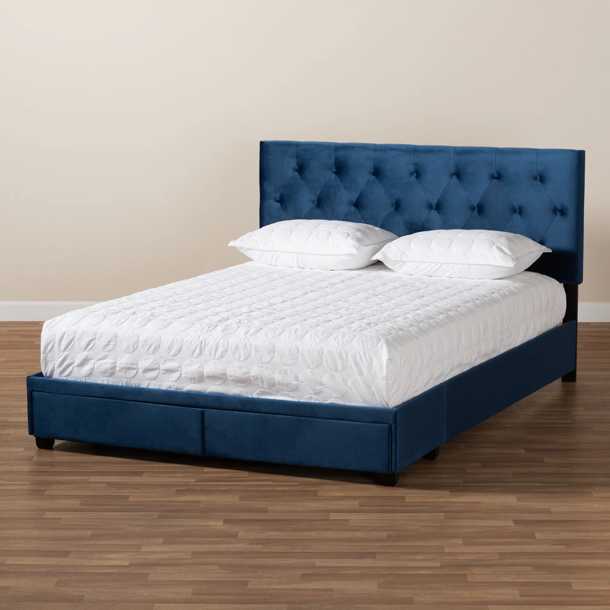 Baxton Studio Caronia Modern and Contemporary Navy Blue Velvet Fabric Upholstered 2-Drawer King Size Platform Storage Bed