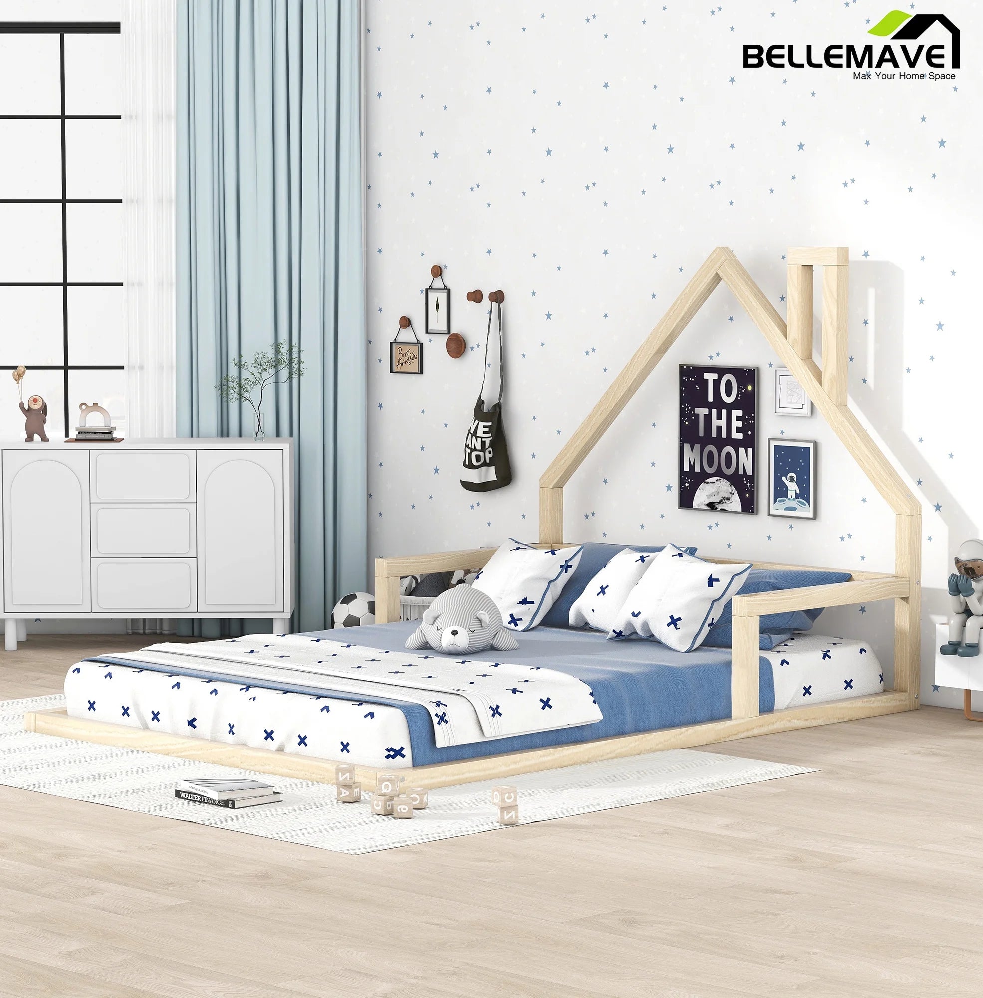 Bellemave Full Size Wood Floor Bed with House-shaped Headboard Toddler Bed Frame Montessori Floor Bed with Rails and Wooden Slats for Kids, Boys, Girls, No Box Spring Needed, Natural