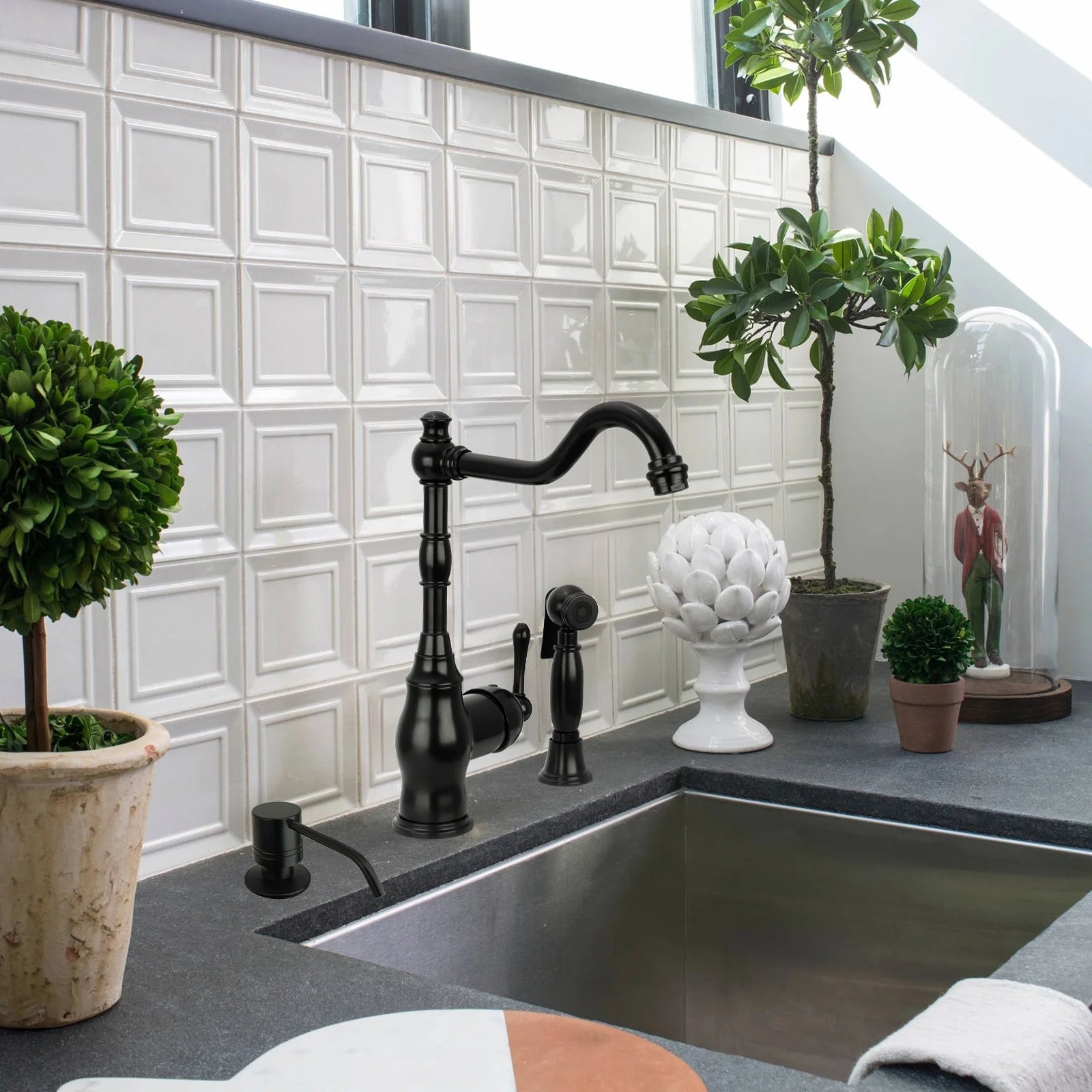 Akicon One-Handle Copper Widespread Kitchen Faucet with Side Sprayer Oil Rubbed Bronze Oil Rubbed