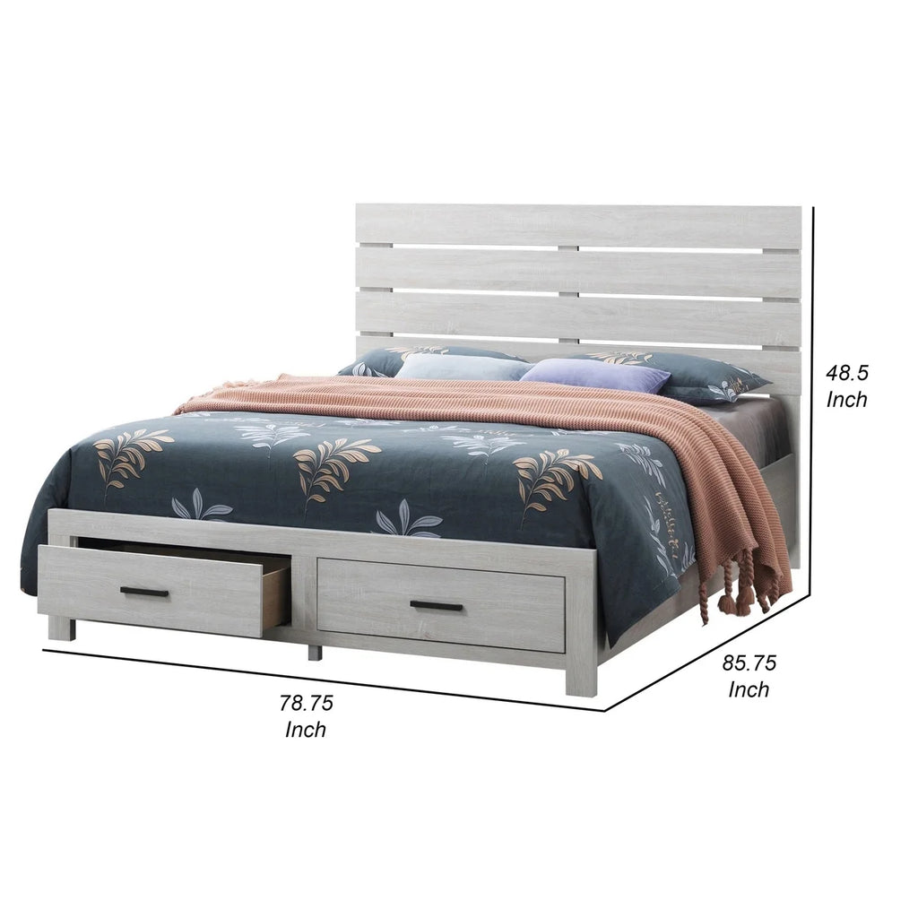 Ach Wood King Storage Bed with 2 Drawers Plank Style Headboard White- Saltoro Sherpi