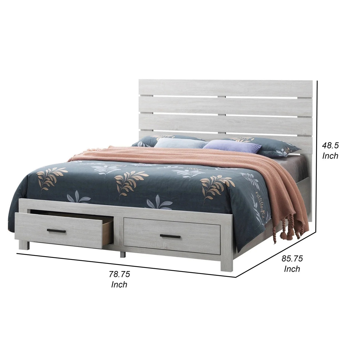 Ach Wood King Storage Bed with 2 Drawers Plank Style Headboard White- Saltoro Sherpi